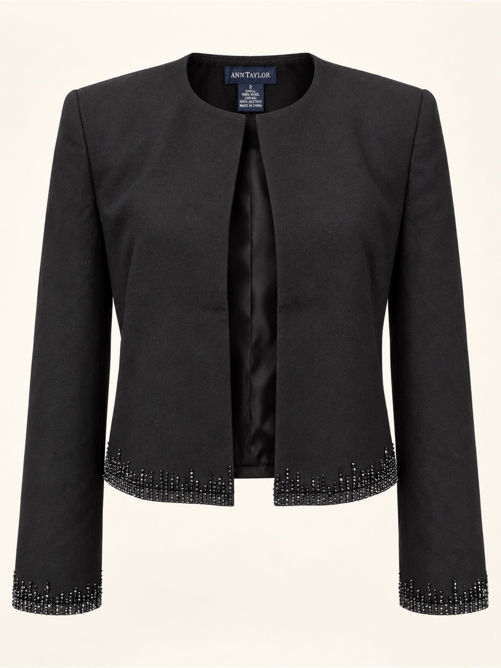Vintage Ann Taylor Black Wool Beaded Cropped Jacket Size 2 Evening Bolero